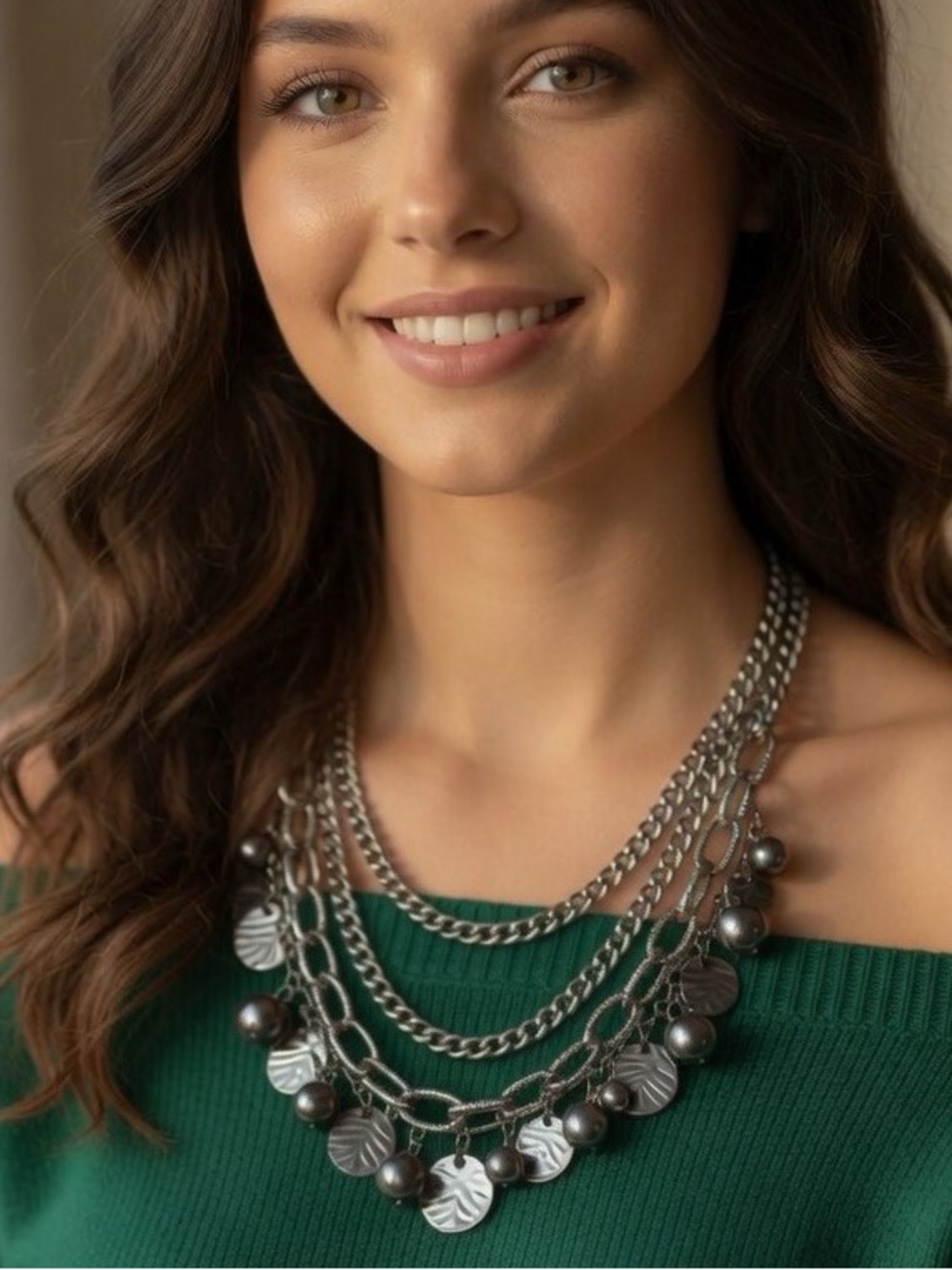 Silver Rocker Rebel Edgy Layered Bead Discs Coins Textured Chain Necklace - Picture 3 of 15